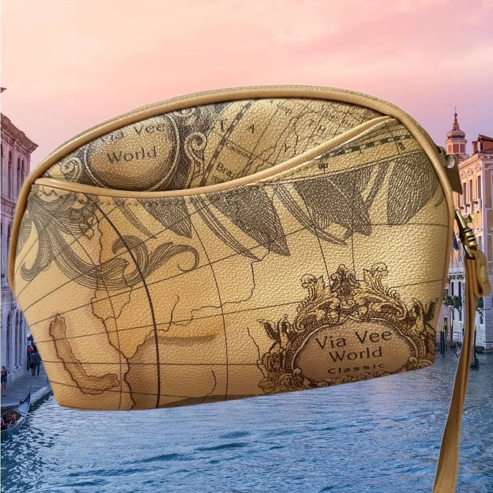ELKA Vintage Set of 2 Map Print Travel Cosmetic Bags
